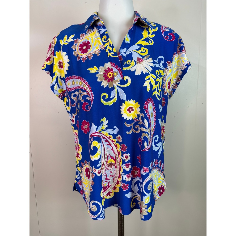 Jones New York Top Small Blue Paisley Floral V-Neck Cap Sleeve Stretch Jersey